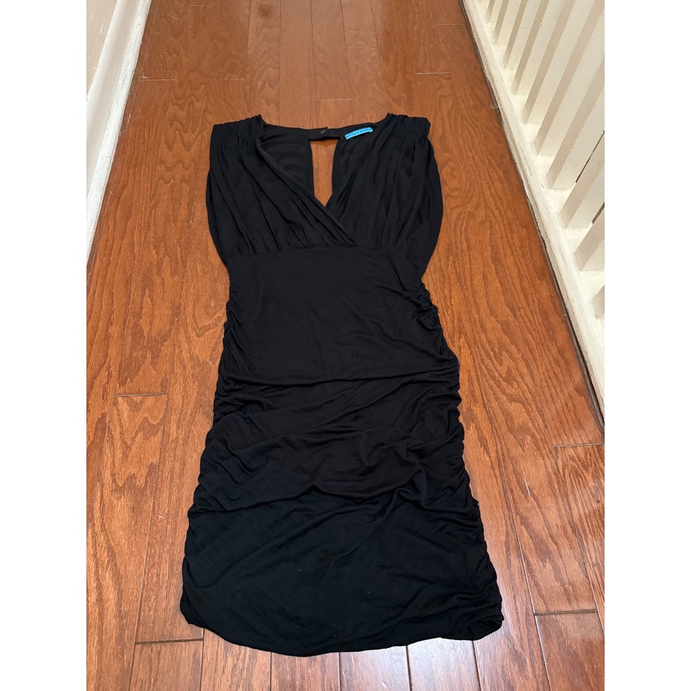 Alice + Olivia Black Ruched V-Neck Open Back Mini Dress Size M